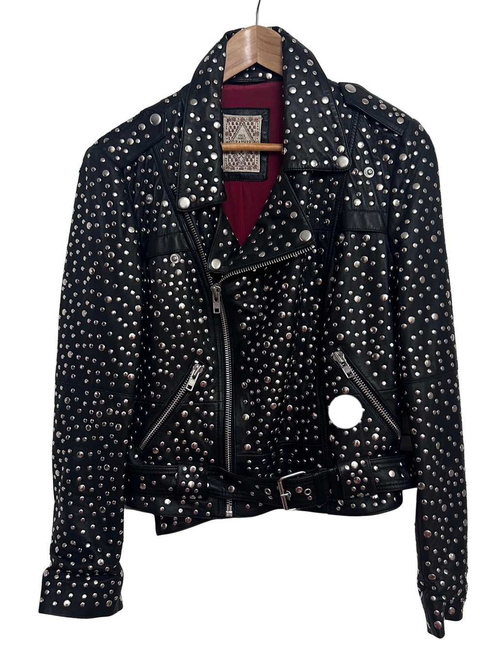 Free People Black Silver Studded Leather Moto Biker Jacket Womens Size 8